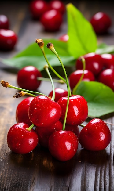 Cerises fraîches sur une table en bois avec des gouttes d'eau dessus