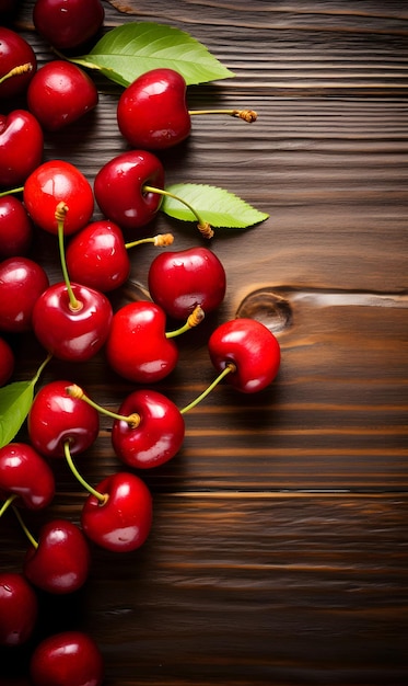 Cerises avec gouttes d'eau sur fond de bois