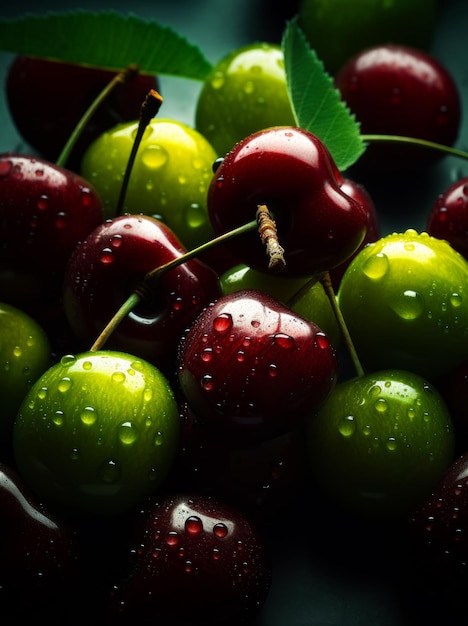 Des cerises avec des gouttes d'eau sur un fond sombre