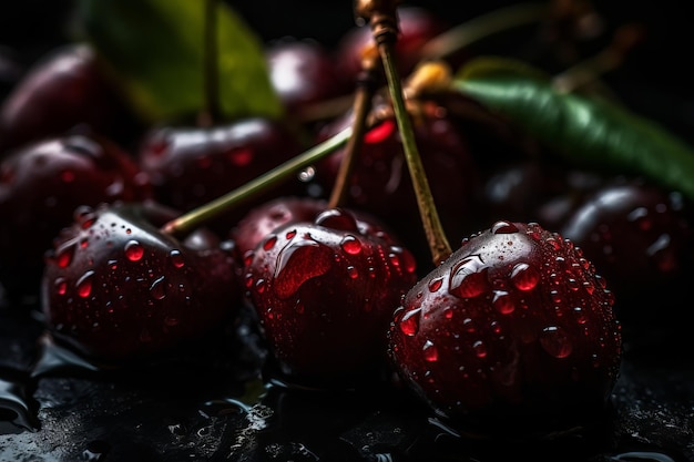 Cerises avec des gouttes de pluie sur fond noir