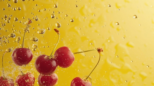 Des cerises et des gouttes de pluie tombant sur un fond jaune vif