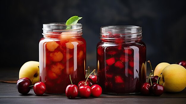 Des cerises juteuses et une confiture maison sur un fond sombre