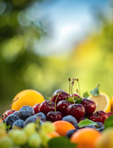 Photo des cerises mûres au sommet avec des agrumes et des prunes en dessous avec une riche palette angulaire