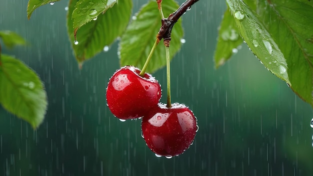 Photo des cerises mûres sur une branche dans un verger un jour de pluie