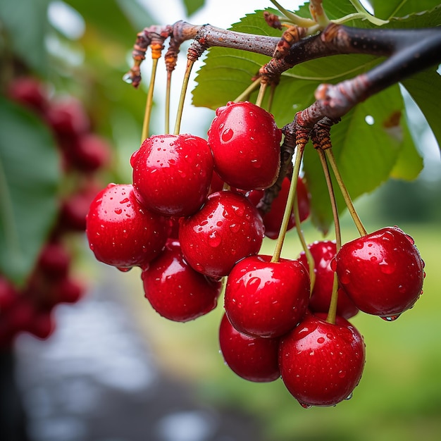 Cerises mûres dans un panier en osier sur une table en bois avec fond naturel flou ensoleillé