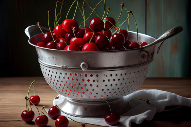 Cerises mûres humides dans une passoire blanche