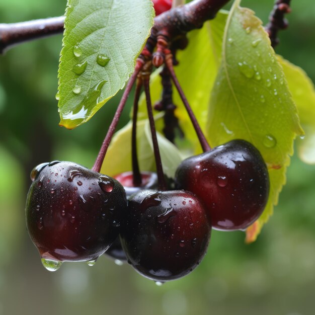 Photo des cerises noires mûres sur l'arbre