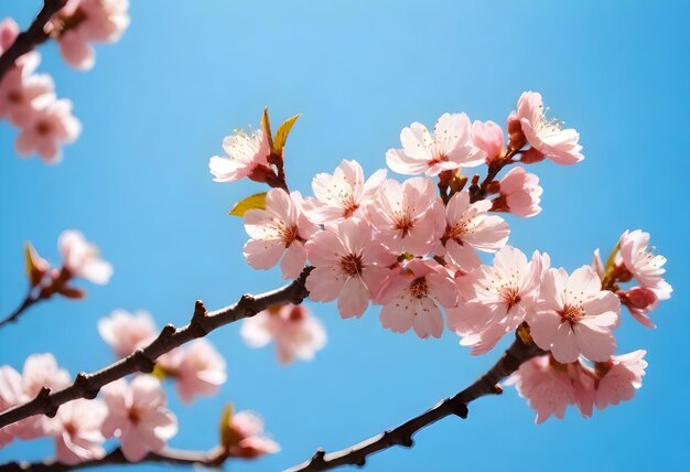 Des cerises roses en fleurs sur les branches contre un ciel bleu clair