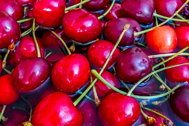 Photo des cerises rouges dans de l'eau propre dans une grande assiette