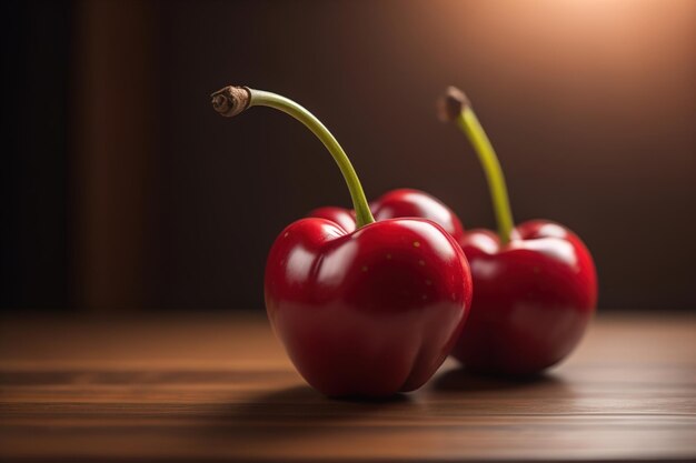 Des cerises rouges sur un fond en bois Close Up Focus sélectif ai génératif