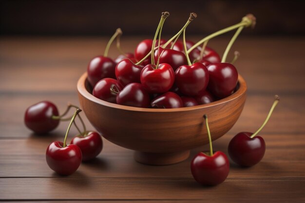 Des cerises rouges sur un fond en bois Close Up Focus sélectif ai génératif