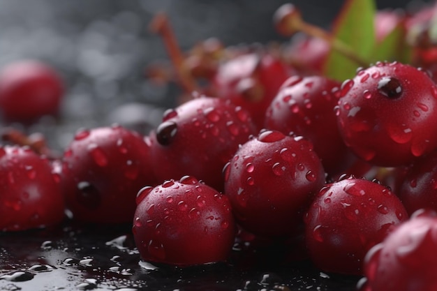 Cerises rouges avec des gouttes d'eau sur une surface noire