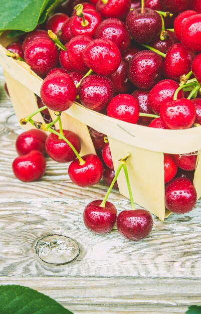 Photo cerises rouges mise au point sélective. fruits nature alimentaire.