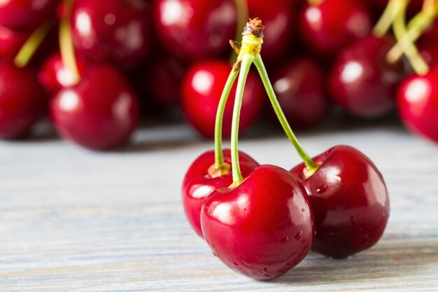 Cerises rouges mûres fraîches au premier plan et un bouquet de cerises