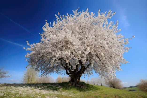 Cerisier en fleurs entouré d'un ciel bleu clair par une journée chaude et ensoleillée créée avec une ia générative