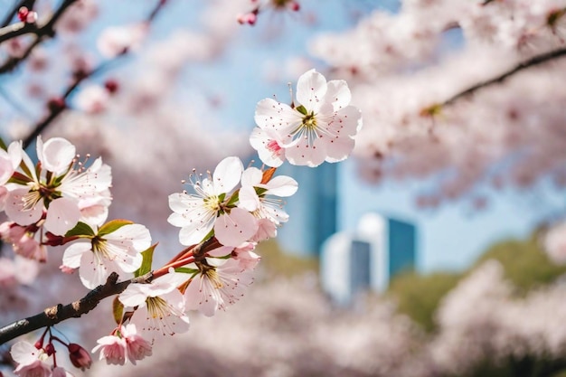 Photo un cerisier en fleurs avec l'horizon de la ville en arrière-plan