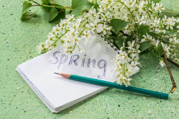 Cerisier des oiseaux en fleurs, un cahier avec les mots : printemps, crayon sur fond vert