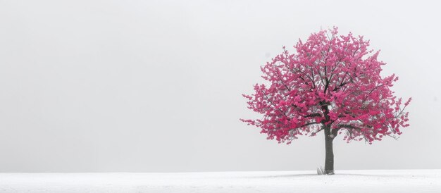 Un cerisier rose vibrant en fleurs se tient seul sur un fond blanc