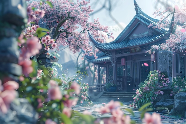 Des cerisiers en fleurs dans une garde d'inspiration asiatique