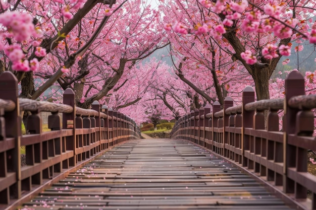 Des cerisiers en fleurs époustouflantes sur un pont en bois dans un parc japonais
