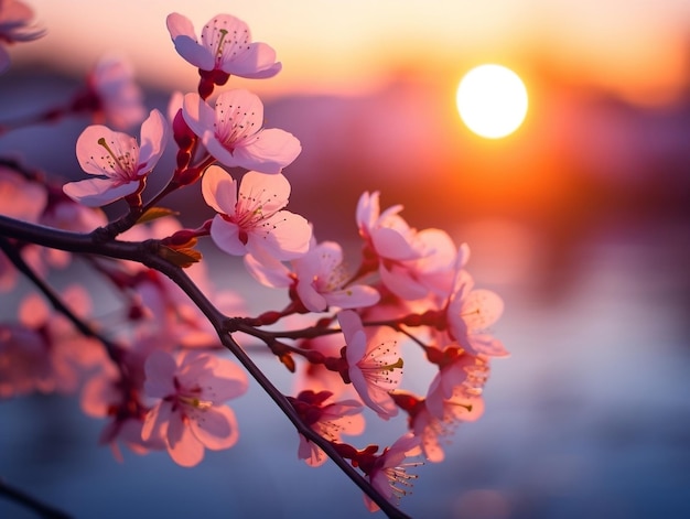 Des cerisiers en fleurs sur un fond de coucher de soleil