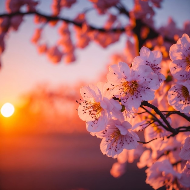 Des cerisiers en fleurs en gros plan sur un fond de coucher de soleil