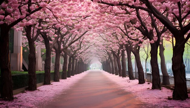 Photo des cerisiers en fleurs le long de la passerelle du parc