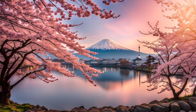Photo des cerisiers en fleurs ou sakura et la montagne fuji sur la rivière le matin.
