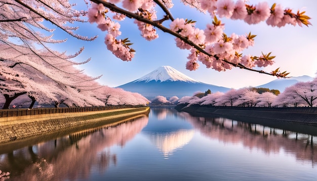 Photo des cerisiers en fleurs ou sakura et la montagne fuji sur la rivière le matin.