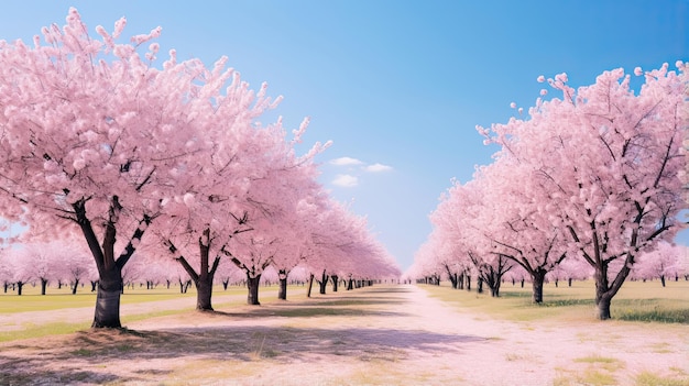 Cerisiers en fleurs sous un ciel bleu clair