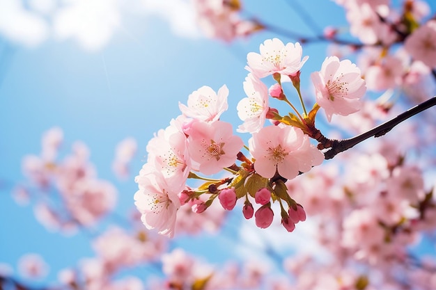 Des cerisiers en pleine floraison contre un ciel bleu.