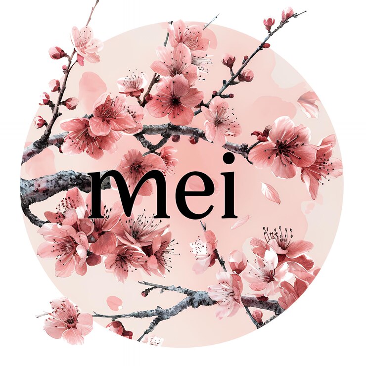 Photo des cerisiers roses en fleurs sur une branche avec le mot quotmeiquot au centre