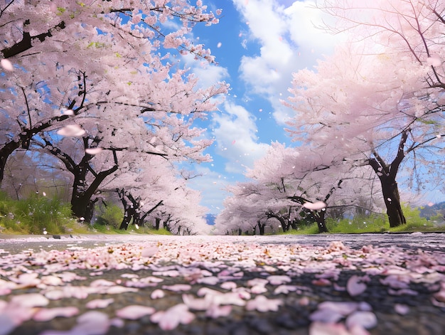 Les cerisiers roses en pleine floraison au printemps au Japon