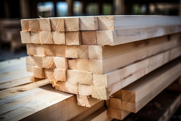 Certains bâtiments sont soigneusement empilés de bandes carrées de bois.