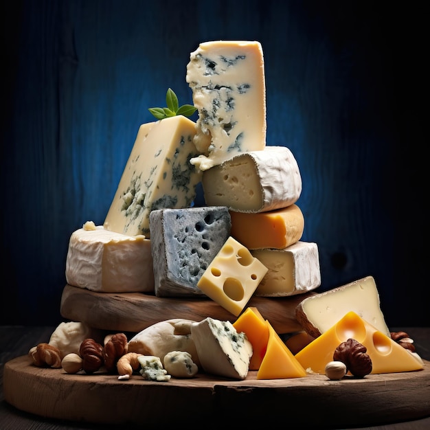 certains fromages sont empilés sur une planche de bois dans le style de bleu ciel foncé et d'ambre