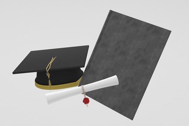 Certificat et Graduation Cap flottant sur fond blanc