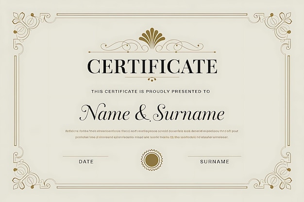 Certificat officiel avec des motifs ornés en or et un texte élégant en cursive pour la reconnaissance