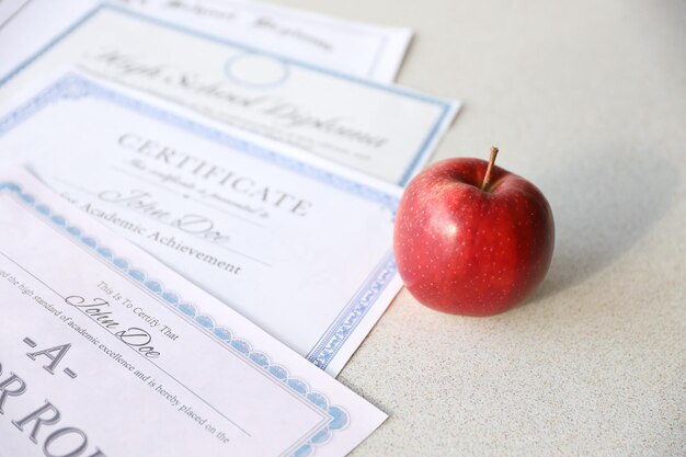 Un certificat de reconnaissance de réussite et un diplôme d'études secondaires se trouvent sur une table avec des documents d'éducation de pomme rouge