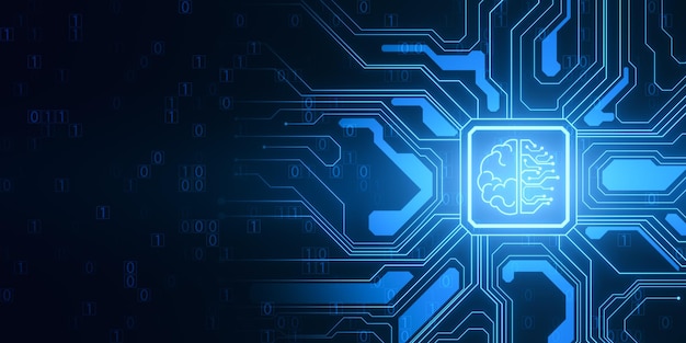 Cerveau abstrait et circuit de code binaire sur fond bleu Chips de données AI et concept futur Rendering 3D