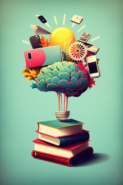 Cerveau d'ampoule et pile de livres sur fond pastel vert Illustration d'IA générative