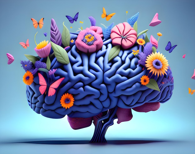 Un cerveau bleu avec des fleurs dessus