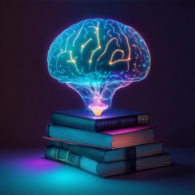 un cerveau brillant au sommet d'une pile de livres