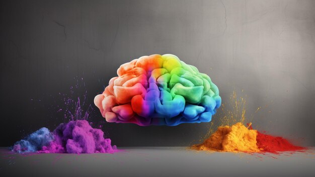 Un cerveau coloré est représenté devant un fond gris.
