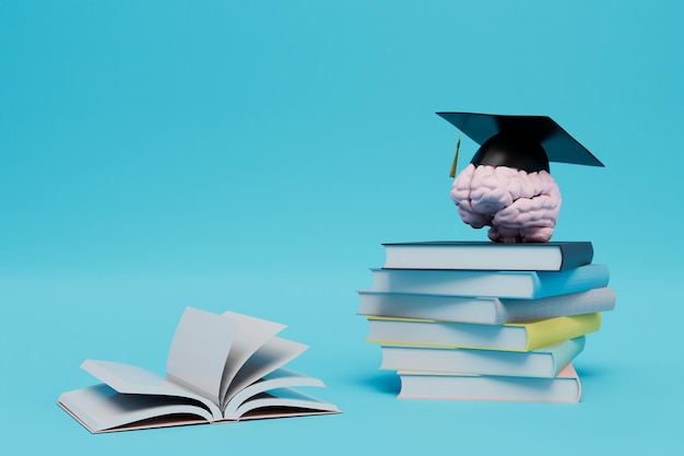 Cerveau de concept d'enseignement supérieur dans un chapeau de graduation sur une pile de livres rendu 3d