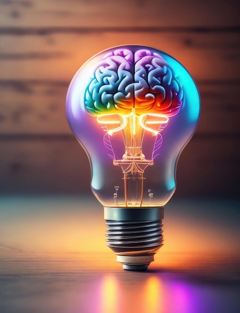 Cerveau de concept d'idées à l'intérieur de l'ampoule sur le fond coloré