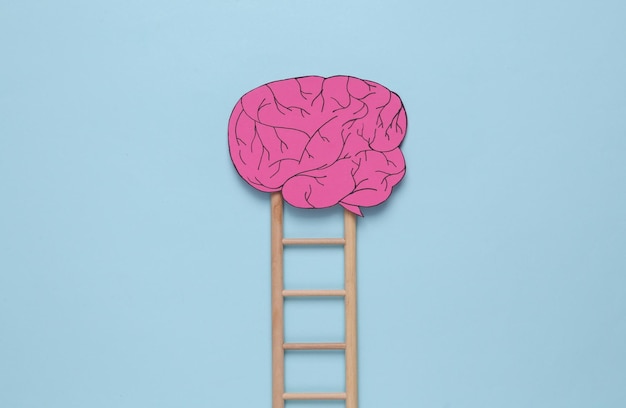 Cerveau découpé en papier avec une échelle sur fond bleu Concept éducatif