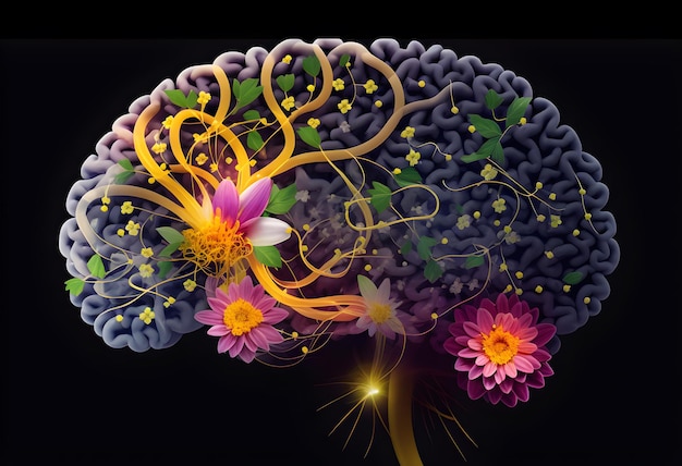 Cerveau avec des éléments végétaux et des fleurs illustration stylisée santé mentale et pensée positive générée par ai
