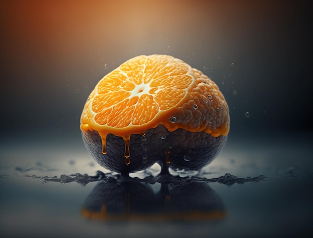 Cerveau fruit orange sur fond flou style cinématographique AI générative