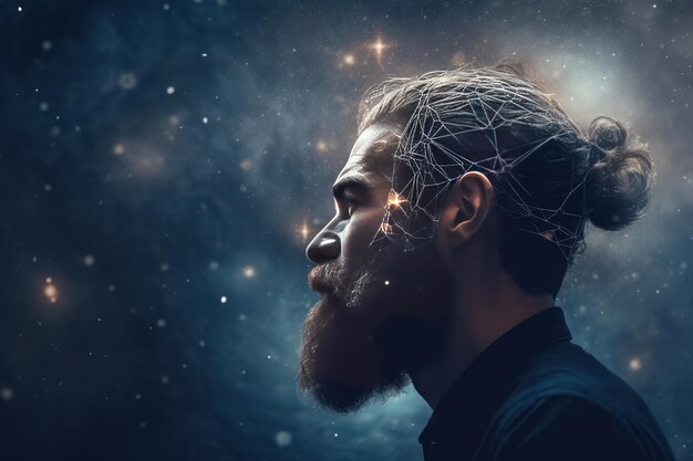 Photo le cerveau de l'homme barbu, les étoiles et le cosmos à l'intérieur.