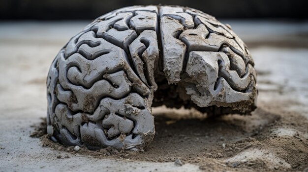 Photo le cerveau humain en béton sur fond gris brain art